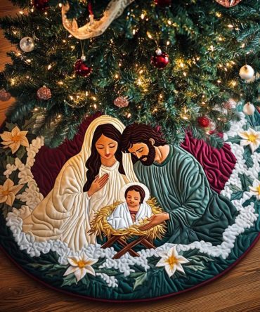 Sacred Harmony Quilted Christmas Tree Skirt - Elegant Nativity-Inspired Holiday Tree Skirt, Quilted & Machine Washable