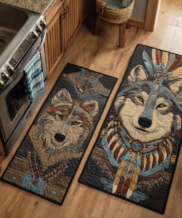 Sacred Howl Kitchen Rug — Premium Tribal Wolf Runner, Non-Slip Low-Pile Stain-Resistant Polyester Mat, Machine-Washable, Fade-Resistant