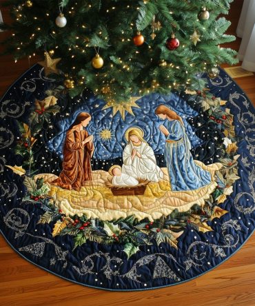 Sacred Joy Quilted Christmas Tree Skirt — Elegant Nativity-Inspired Holiday Tree Skirt, 48" Round, Quilted Cotton Blend, Machine-Washable