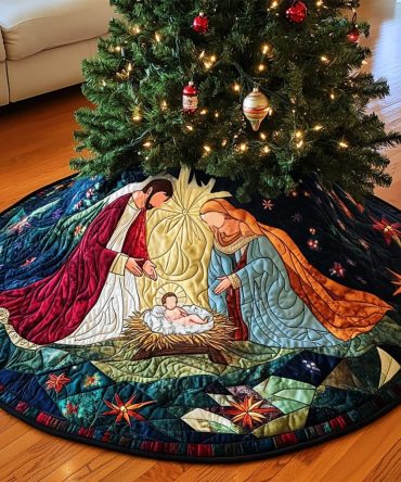 Sacred Manger Quilted Holiday Tree Skirt — Elegant Quilted Skirt With Manger Motif For Classic Christmas And Nativity Scenes