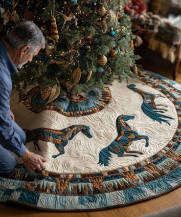 Sacred Mustang Quilted Christmas Tree Skirt — Horse-Themed Western Holiday Accent, Stitched Quilted Texture For Rustic Homes