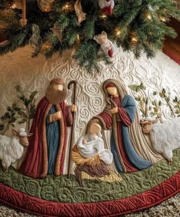 Sacred Nativity Quilted Tree Skirt — Traditional Nativity Scene, Quilted Christmas Skirt For Home & Church Holiday Displays