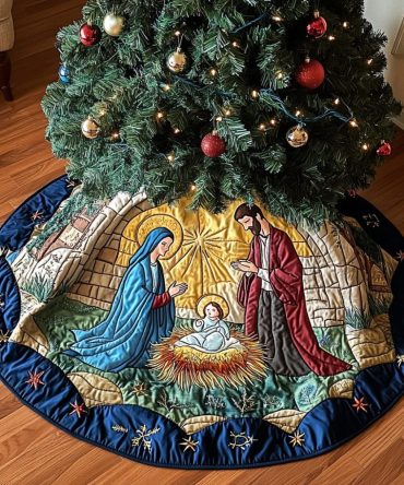 Sacred Night Quilted Christmas Tree Skirt — Elegant Nativity Accent For Holiday Tablescapes, Mantels & Tree Bases