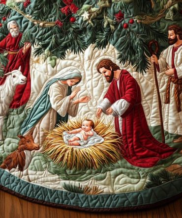 Quilted Sacred Scene Christmas Tree Skirt - Elegant Nativity Holiday Accent, Soft Quilting, 48" Diameter, Keepsake Quality