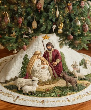 Sacred Wonder Quilted Christmas Tree Skirt — Elegant Religious Nativity Motif, Quilted Holiday Skirt For Traditional Christmas Décor