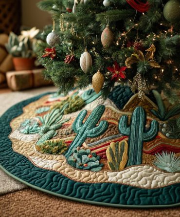 Saguaro Cactus Valley Quilted Christmas Tree Skirt — Southwestern Desert-Inspired Holiday Skirt With Textured Quilt Detail