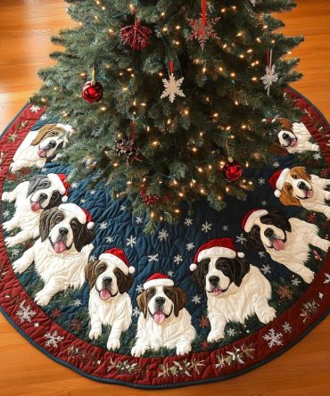 Saint Bernard Quilted Christmas Tree Skirt - Festive Holiday Dog Print, Soft Quilted Holiday Décor, Large Round Tree Mat For Pet Lovers