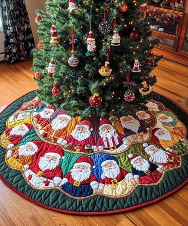 Santa Gathering Quilted Tree Skirt — Vintage Santa Parade Motif, Rich Red Velvet Trim, Thick Quilting, Holiday Gift-Ready Display Base