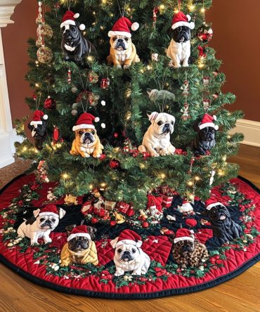 Santa Bulldog Fun Quilted Tree Skirt — Festive Santa Bulldog Holiday Tree Skirt, Quilted Comfort, Floor Protection & Easy Cleaning