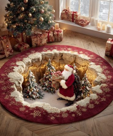 Deluxe Santa Circle Holiday Rug — Plush 48In Round Festive Floor Mat With Non-Slip Backing For Home & Tree