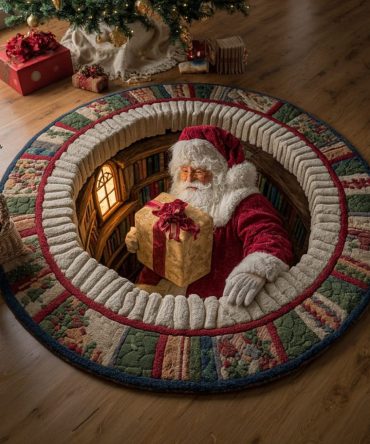 Santa Gift Festive Round Rug — Joyful Holiday Present Circular Area Rug, Soft Plush Accent For Living Room, Entry Or Kids’ Play Area, Easy-Clean