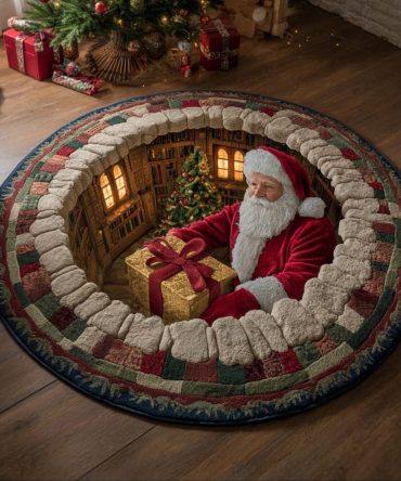 Santa Scroll Vintage Holiday Round Rug — Classic Santa Scroll Circular Area Rug For Festive Floors, Plush Comfort, Durable & Easy Care