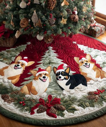 Festive Santa Corgi Quilted Christmas Tree Skirt — Premium Plush Holiday Decor, Durable Stitching, Machine-Washable 48"