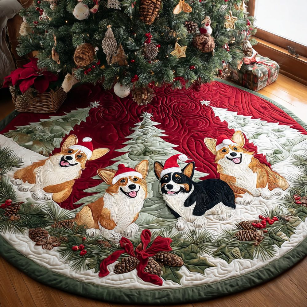 Festive Santa Corgi Quilted Christmas Tree Skirt — Premium Plush Holiday Decor, Durable Stitching, Machine-Washable 48"