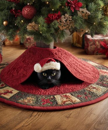 Santa Cozy Hearth Quilted Tree Skirt — Classic Santa & Cabin Motif, Luxurious Padding, 48" Round, Warm Holiday Centerpiece, Easy Care