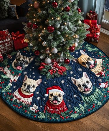 Santa Frenchie Helper Quilted Christmas Tree Skirt - Cheerful Holiday Accent, Durable Quilting & Perfect Gift For Dog Lovers