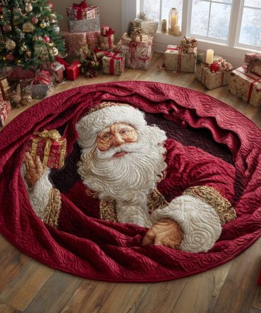 Santa Gift Magic Holiday Rug — Joyful Gift & Santa Scene 48In Round Plush Floor Accent With Soft Pile And Anti-Slip Backing