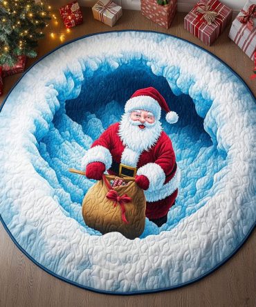 Santa Gift Round Holiday Rug — Christmas Present Accent Mat With Santa Design, Soft Low-Pile, Non-Slip, Durable Seasonal Accent