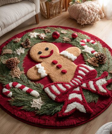 Santa Gingerbread Man Round Area Rug — Festive Holiday Accent Carpet, Cheerful Santa & Cookie Design, Plush Pile, Non-Skid, Perfect Seasonal Mat
