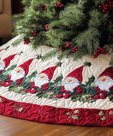 Santa Helpers Quilted Christmas Tree Skirt — Charming Holiday Base With Festive Elves & Gnomes, Quilted Protection For Floors