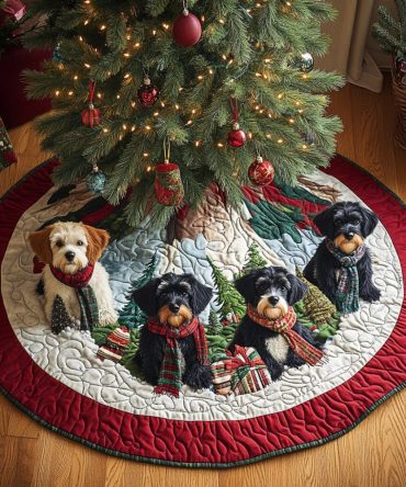 Santa Schnauzers Quilted Christmas Tree Skirt — Adorable Schnauzer Santa Print, Quilted Holiday Tree Skirt For Dog Lovers & Pet Homes