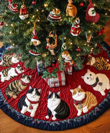 Santa Paws Magic Quilted Christmas Tree Skirt - Festive Santa Cat Holiday Skirt, Plush Quilted Tree Base With Cheerful Design