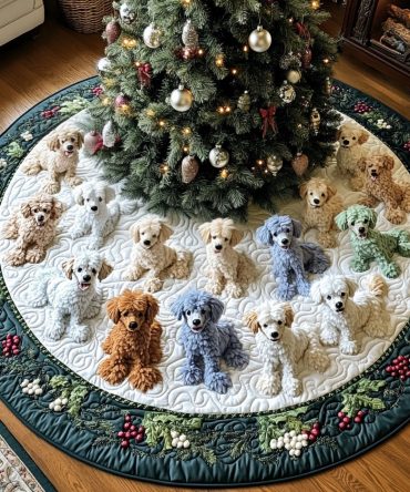 Santa Poodle Helper Quilted Tree Skirt — Playful Santa-Poodle Holiday Design, Soft Padding, Easy-Fasten Closure, 48" Diameter