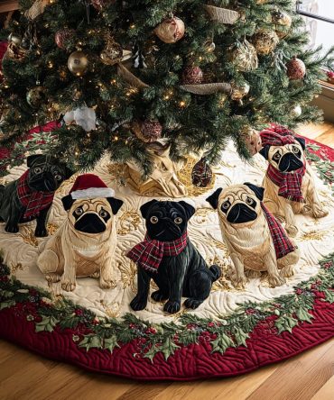 Santa Pug Quilted Holiday Tree Skirt — Whimsical Santa Pug Design, Quilted Christmas Tree Skirt That Delights Kids & Pet Owners