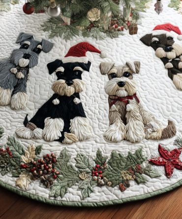Santa Schnauzer Quilted Tree Skirt — Festive Santa-Dog Design, Cozy Quilted Cotton Blend, Machine-Washable, Perfect Holiday Accent For Dog Lovers