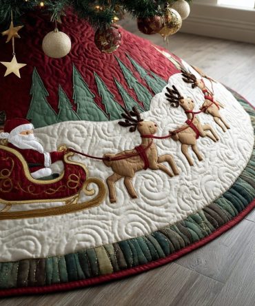 Classic Quilted Christmas Tree Skirt — Santa Spirit Motif, Festive Red & Green Holiday Accent, Soft Durable Fabric