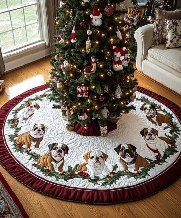 Santa Stocky Helper Quilted Tree Skirt - Jolly Holiday Decor For Dog Lovers, Soft Quilted Christmas Tree Cover