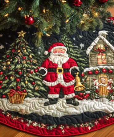 Santa Town Quilted Tree Skirt — Festive Village Santa Scene, Handcrafted Look Quilting To Complete Your Holiday Display