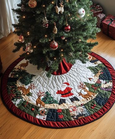 Santa Travel Quilted Tree Skirt — Vintage Travel-Themed Santa Design, Cozy Quilted Base To Conceal Stand & Add Charm
