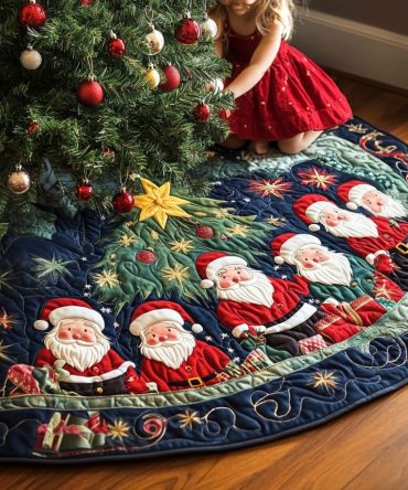 Santa Workshop Quilted Tree Skirt — Charming Toyshop & Workshop Scene, Stitched Holiday Accent To Hide Tree Stand