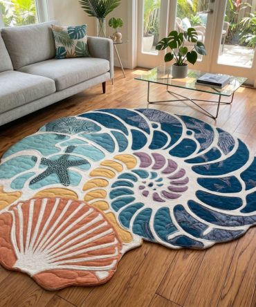 Sapphire Seashell Luxe Shaped Rug — Deep Blue Seashell Accent Rug For Coastal Modern Living, Plush Pile, Non-Slip Backing And Easy Care
