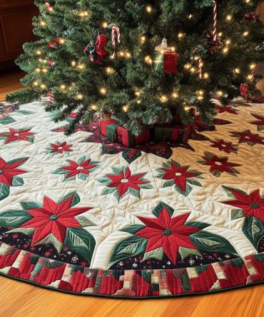 Scarlet Bloom Quilted Holiday Tree Skirt - 48-Inch Bold Red Floral Christmas Base With Satin Trim And Durable Stitching