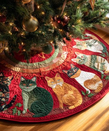 Scarlet Quilted Cat Christmas Tree Skirt — Rich Red Holiday Tree Base Cover, Plush Patchwork Design, Stylish Gift For Cat Lovers