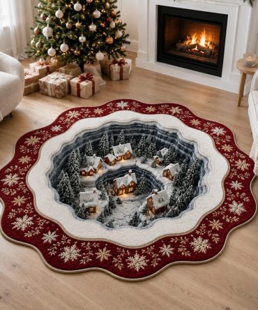 Scarlet Hollow Village - Festive Custom-Shaped Area Rug With Red Holiday Village Illustration, Durable Low-Pile, Pet-Friendly