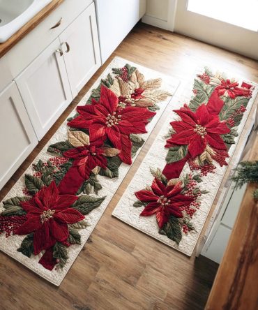Scarlet Poinsettia Glow Kitchen Rug Runner — Non-Slip, Machine-Washable Christmas Floor Mat With Bold Festive Floral Design