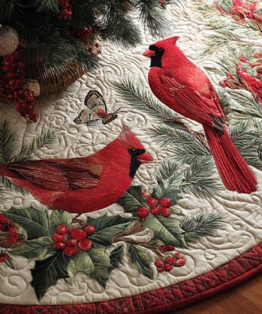 Scarlet Snow Quilted Christmas Tree Skirt — Luxurious 48-Inch Red & White Holiday Base, Soft Velvet, Reversible And Machine Washable
