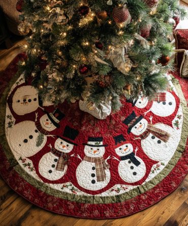 Scarlet Snowman Quilted Tree Skirt — Rich Red Holiday Plaid With Snowman Detail, 48" Round, Classic Seasonal Accent, Durable & Washable