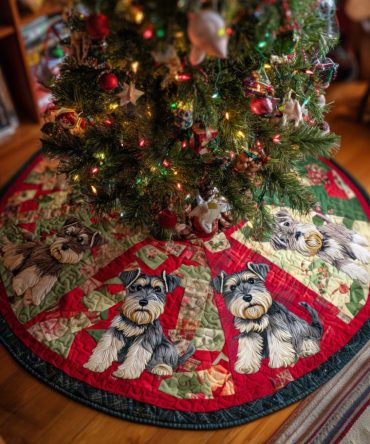 Schnauzer Noel Quilted Christmas Tree Skirt — Elegant Schnauzer Noel Design, Quilted Holiday Skirt For Dog-Loving Homes