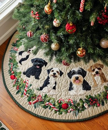 Schnauzer Wonderland Quilted Christmas Tree Skirt — Cozy Holiday Pet Decor, Premium Quilted Round Tree Skirt For Dog Lovers