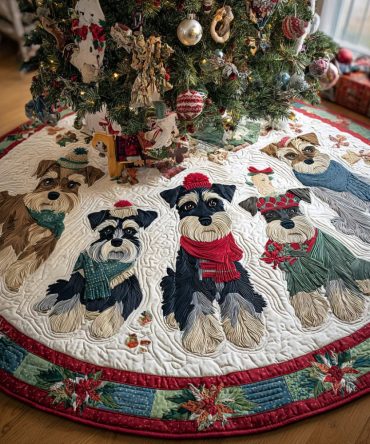 Schnauzer Wonderland Quilted Tree Skirt — Charming Schnauzer Winter Scene, Quilted Christmas Skirt For Dog-Loving Decor Enthusiasts