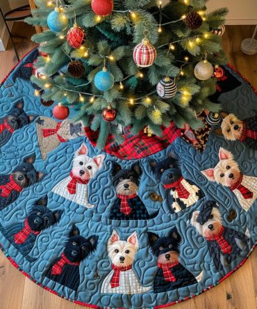 Scottie Christmas Morning Quilted Tree Skirt — Warm Holiday Dog Decor, Plush Quilting & Easy Attachment For Trees
