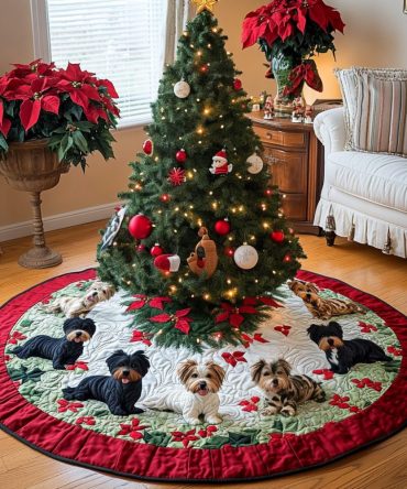 Mistletoe Scottie Quilted Holiday Tree Skirt – Charming Dog-Themed Christmas Accent, Soft Quilted Fabric For Cozy Decor
