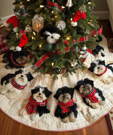 Winter Wonderland Scottie Quilted Tree Skirt – Snowy Dog Scene Holiday Tree Accent, Plush Quilting For Warm Festive Decor & Gifts