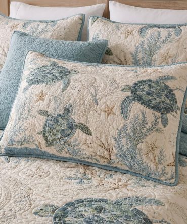 Sea Turtle Quilted Pillow Case - Coastal Turtle Cove Quilt Sham, Blue Beach Cottage Accent For Nautical Bedroom Decor