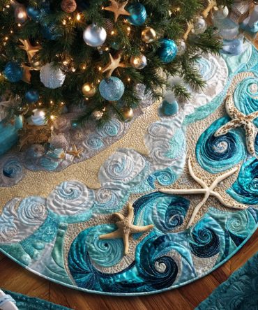 Elegant Sea Breeze Quilted Holiday Tree Skirt - 60In Festive Quilt, Coastal-Inspired Christmas Décor
