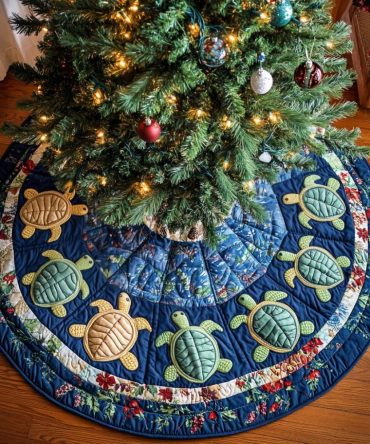 Sea Breeze Gathering Quilted Holiday Tree Skirt — Nautical Seashell Christmas Mat, 52-Inch Cotton, Soft Seasonal Accent